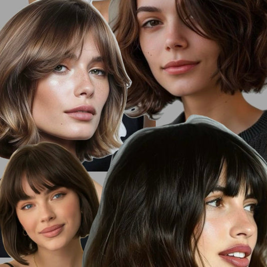 Collection of French bob haircuts featuring chic, jaw-length styles with soft bangs, sleek finishes, and tousled textures, showcasing the versatile and timeless Parisian-inspired look.