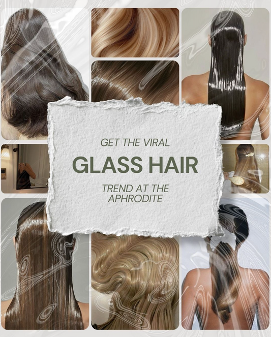 Collage of glossy, smooth hairstyles in various shades of blonde and brunette, showcasing the ‘glass hair’ trend. Center text reads: ‘Get the viral Glass Hair trend at The Aphrodite’ on a torn paper background.