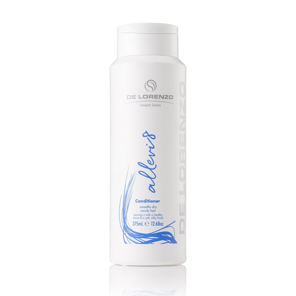 Allevi8 Conditioner 375m del Lorenzo instant series smooths dry unruly hair light blue green blue teal white bottle 12.68oz tall skinny slim bottle white tube simple style clean white background