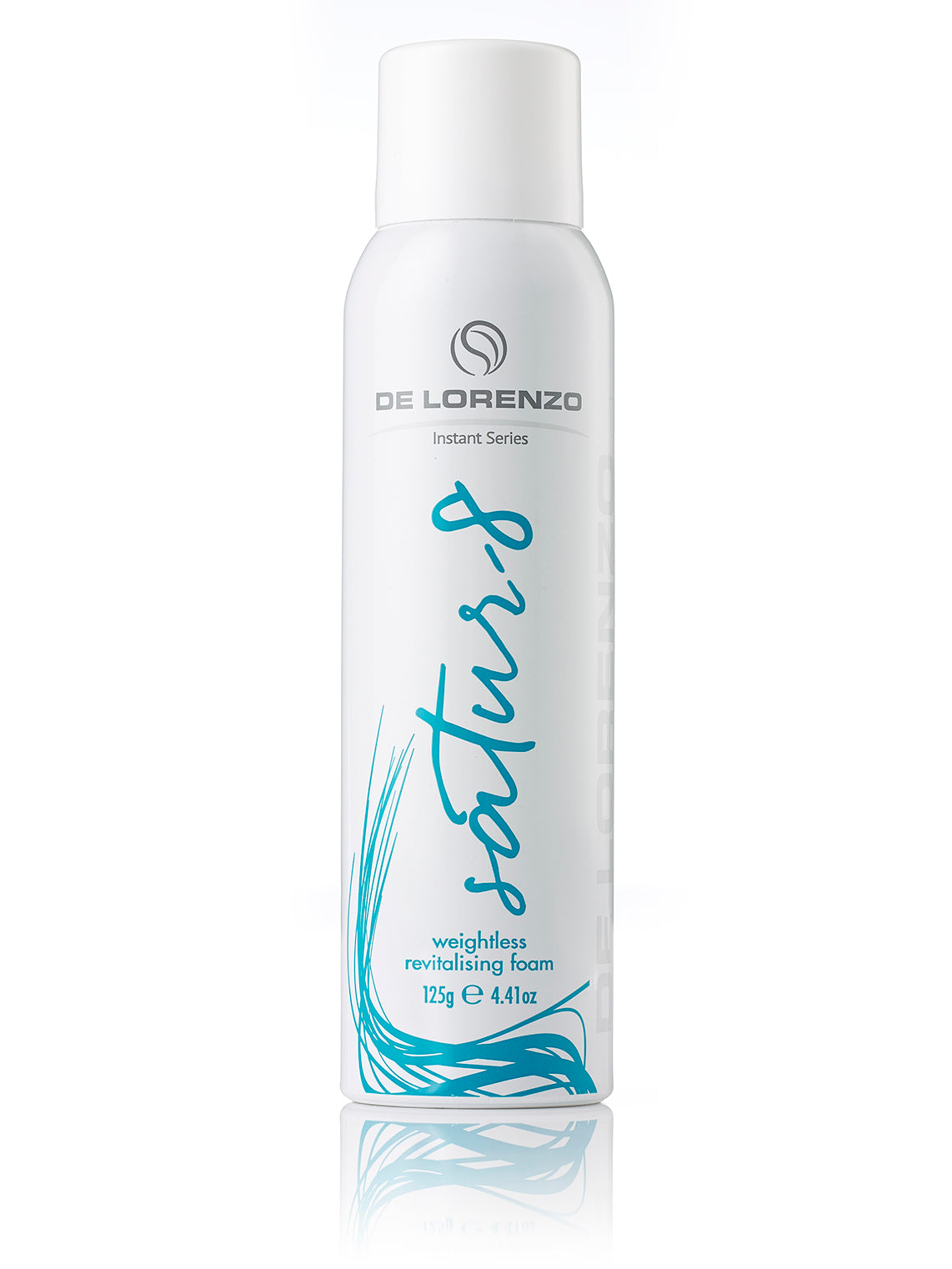 satur8 weightless revitalising foam 125ml del Lorenzo instant series volume volumises fine hair green blue teal white bottle 4.41oz tall skinny slim bottle white tube simple style clean white background