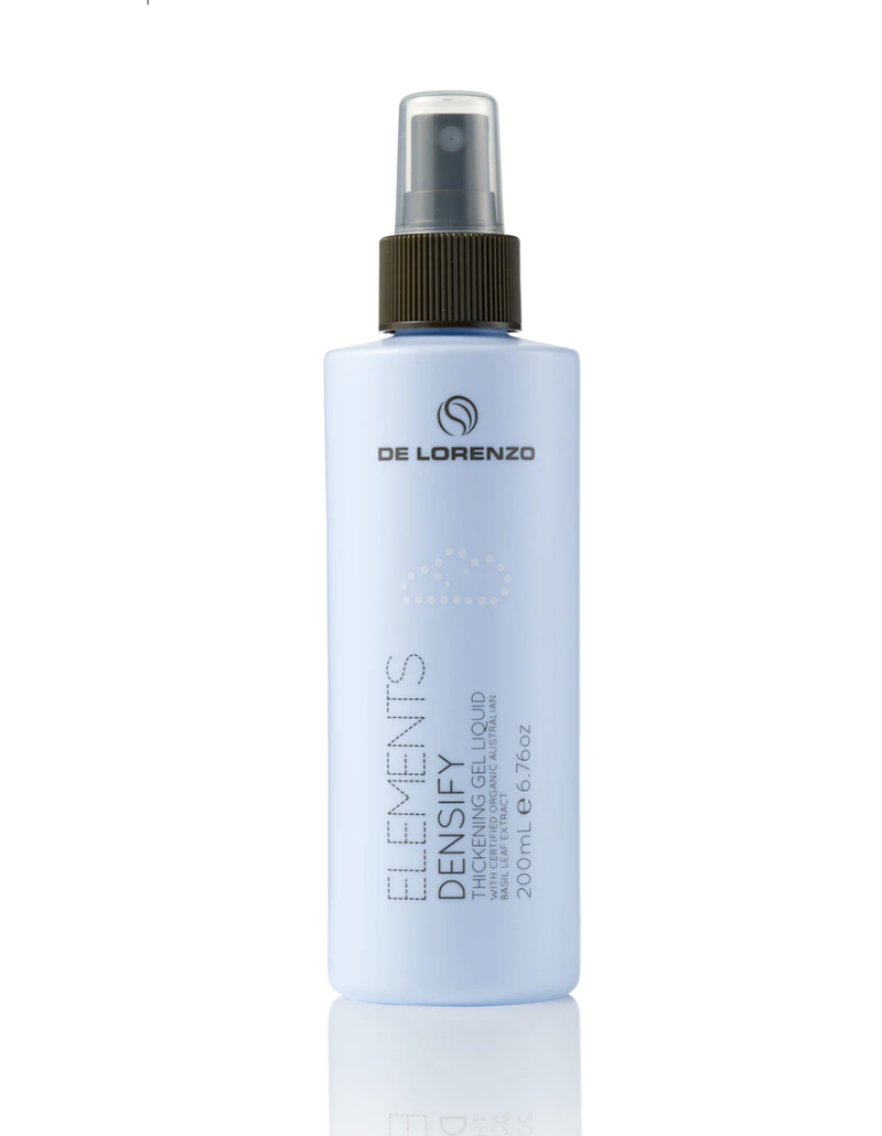 densify thickening gel spray 200ml de Lorenzo 6.76oz light blue teal spray bottle with clear lid brown spray lid brown black and white text with logo and image of a cloud on a white back ground