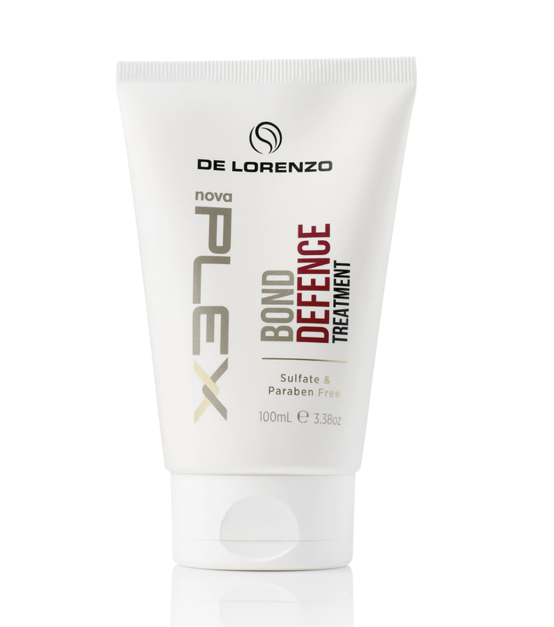 bond defence treatment de lorenzo nova plex lotion 100g 3.38oz whte tube with white lid brown gold red black text with logo white background