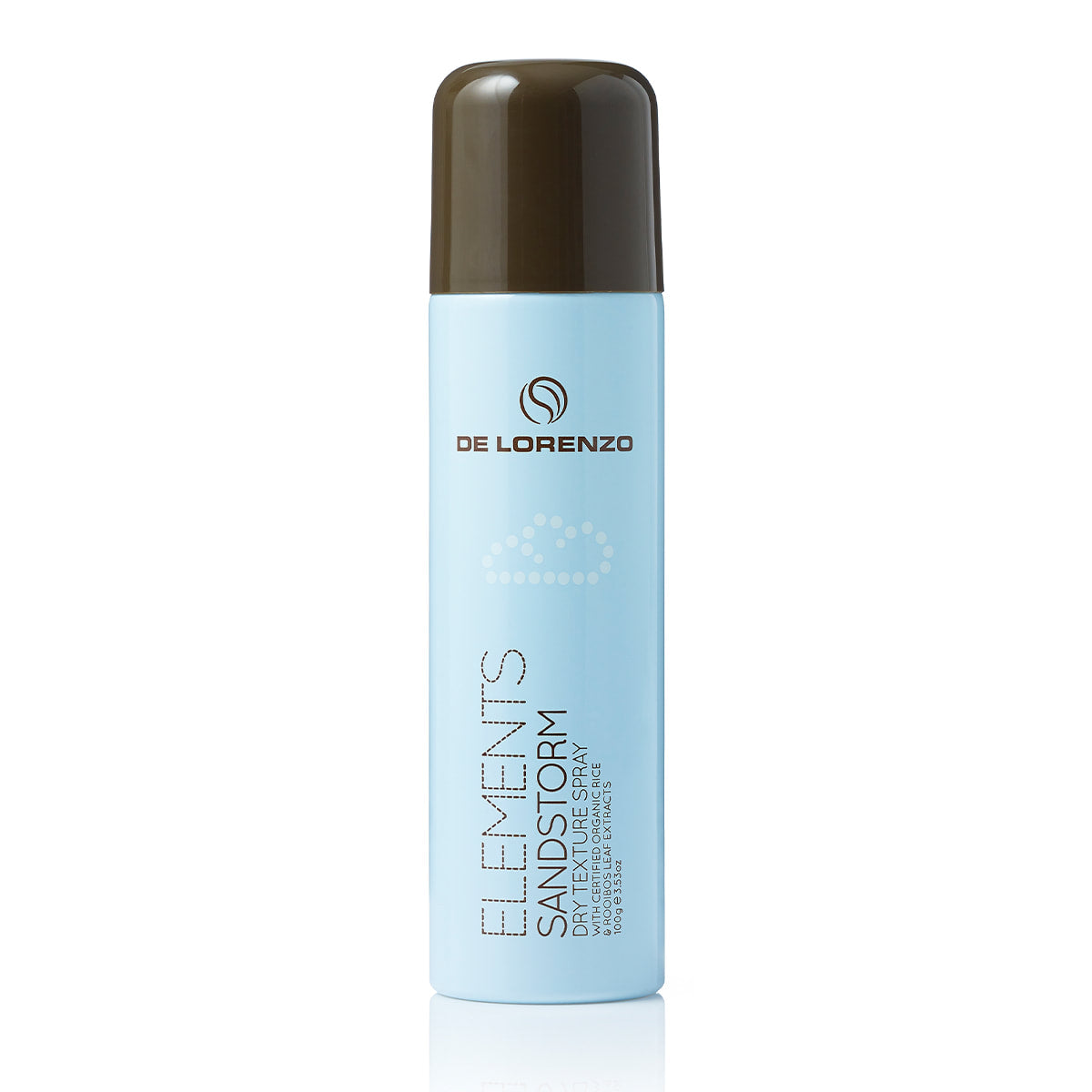 Sandstorm elements de lorenzo texture hair spray blue can bottle with a brown lid brown and black text with logo and image of a cloud 100g 3.53oz tall spray can white back ground