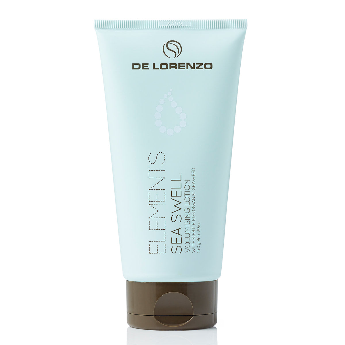 Sea Swell elements de lorenzo volumising lotion 150g 5.29 oz blue green teal tube with brown lid brown black text with logo and image of a tear drop or water drop white background