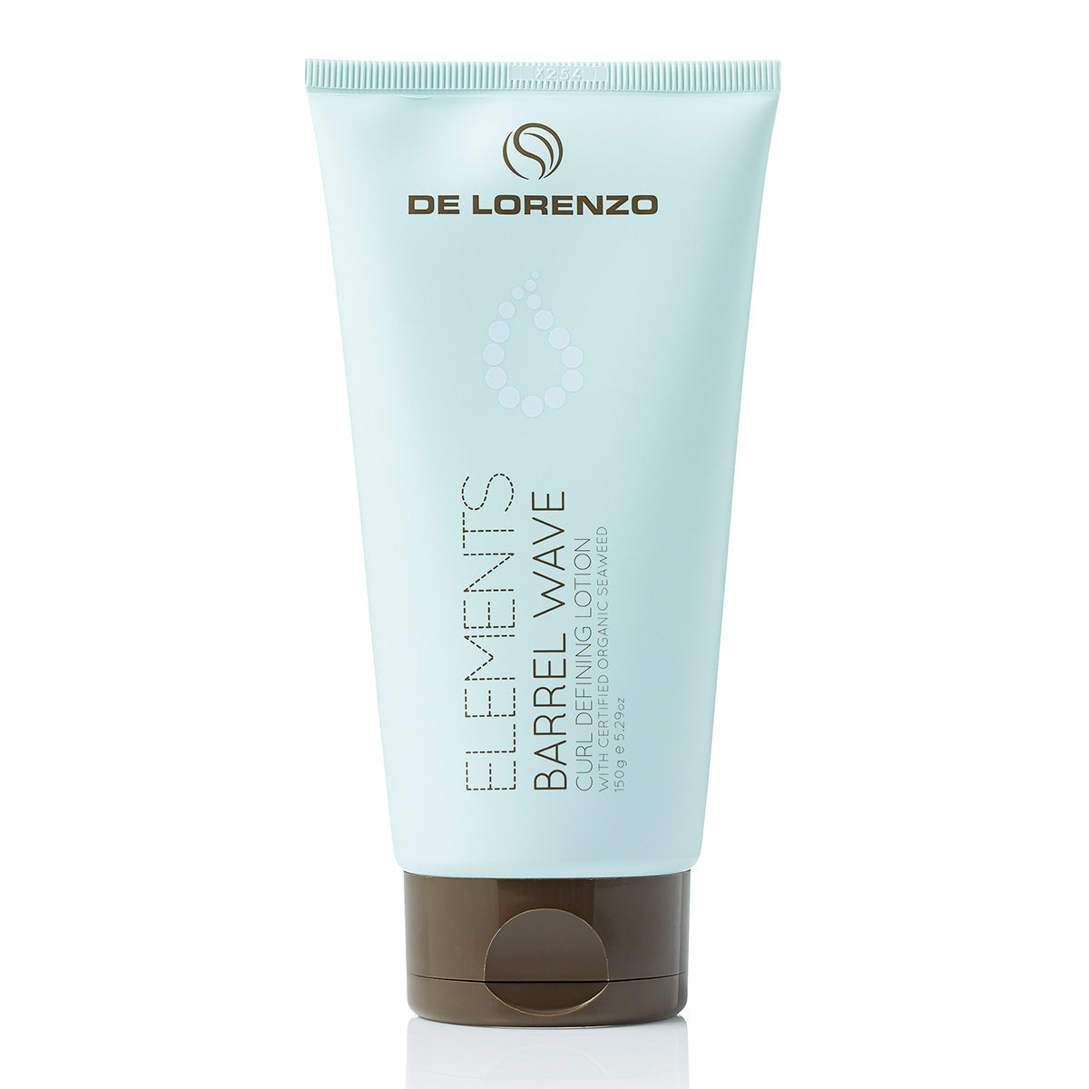 Barrel wave elements de lorenzo curl defining lotion 150g 5.29 oz blue green teal tube with brown lid brown black text with logo and image of a tear drop or water drop white background