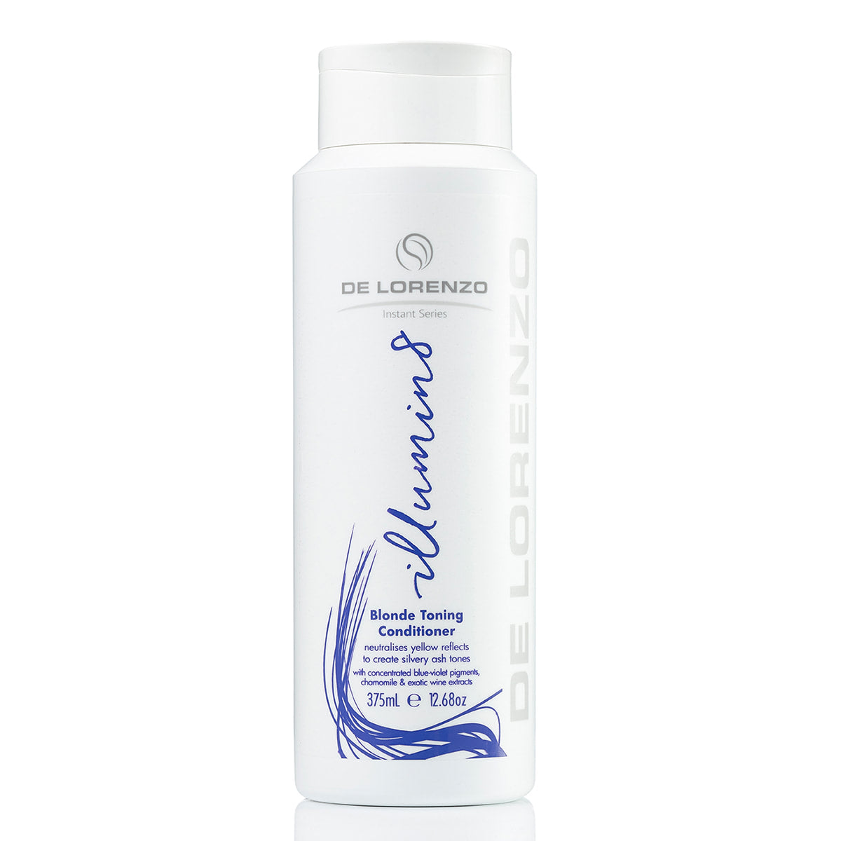 Ilumin8 Conditioner 375m del Lorenzo instant series smooths blonde unruly hair light purple violet silver lid purple white bottle 12.68oz tall skinny slim bottle white tube simple style clean white background