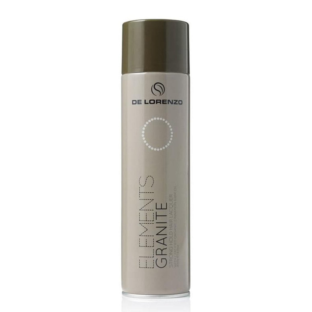 Granite elements de lorenzo hair spray brown can bottle with a brown lid brown and black text with logo and image of a circle 400g 4.11oz tall spray can white back ground