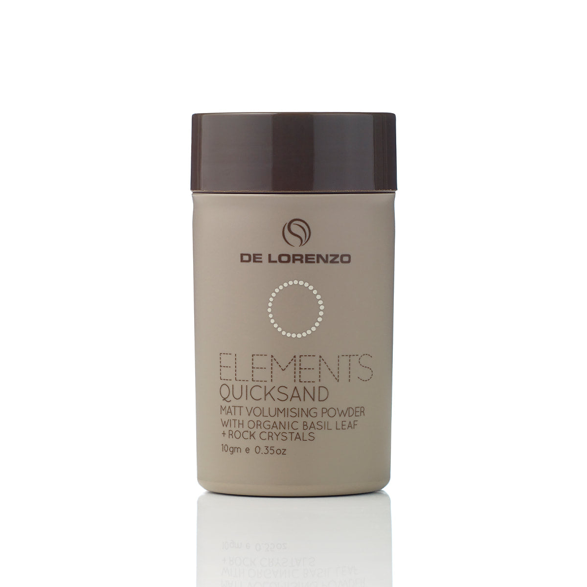 Quicksand elements de lorenzo matt volumising powder 10g 0.35oz light brown tube with brown lid brown black text with logo and image of a circle white background