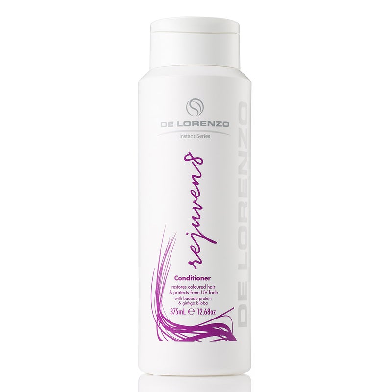 rejuven8 Conditioner 375m del Lorenzo instant series smooths blonde unruly hair light purple pink white lid purple pink white bottle 12.68oz tall skinny slim bottle white tube simple style clean white background