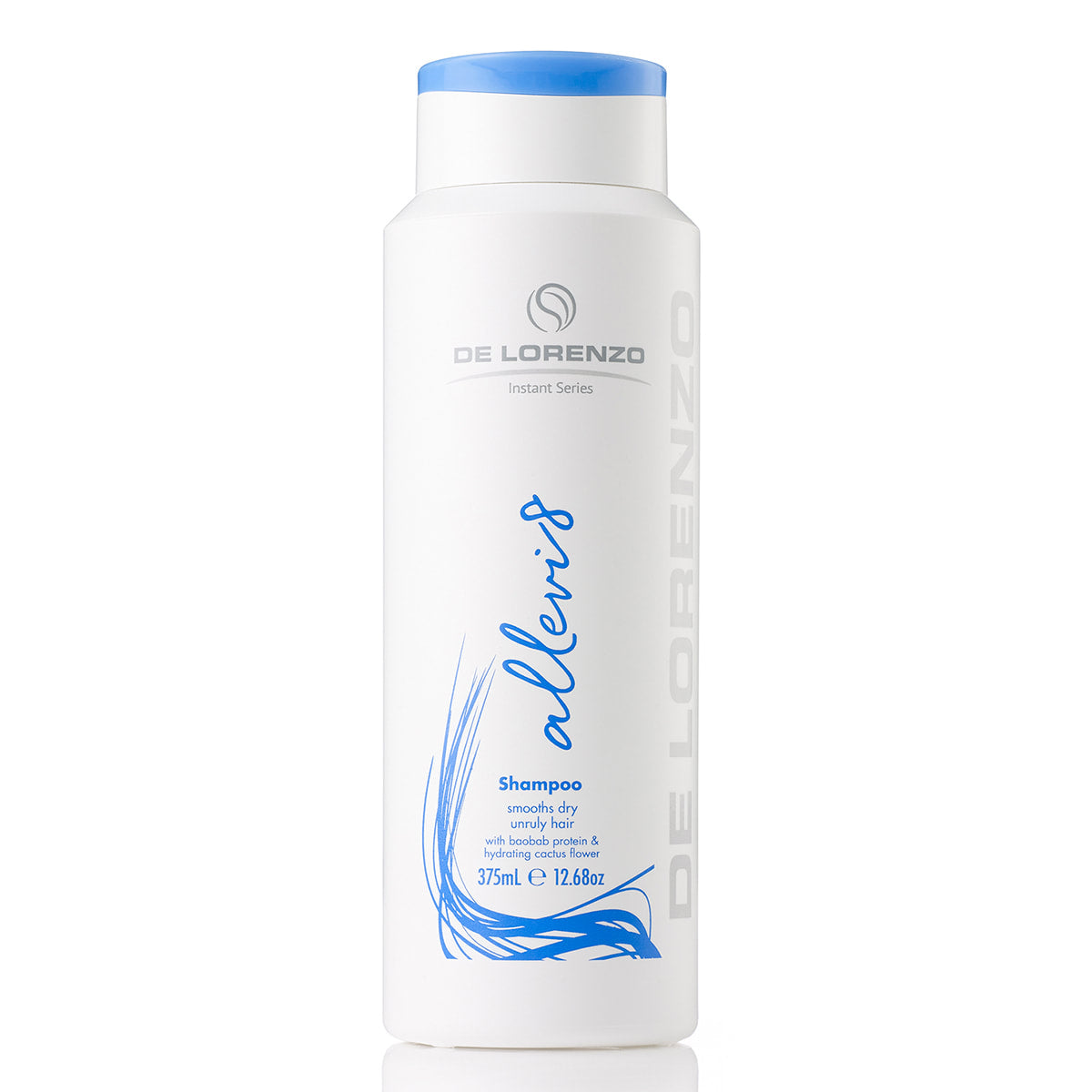 Allevi8 shampoo 375m del Lorenzo instant series smooths dry unruly hair light blue green blue teal white bottle 12.68oz tall skinny slim bottle white tube simple style clean white background
