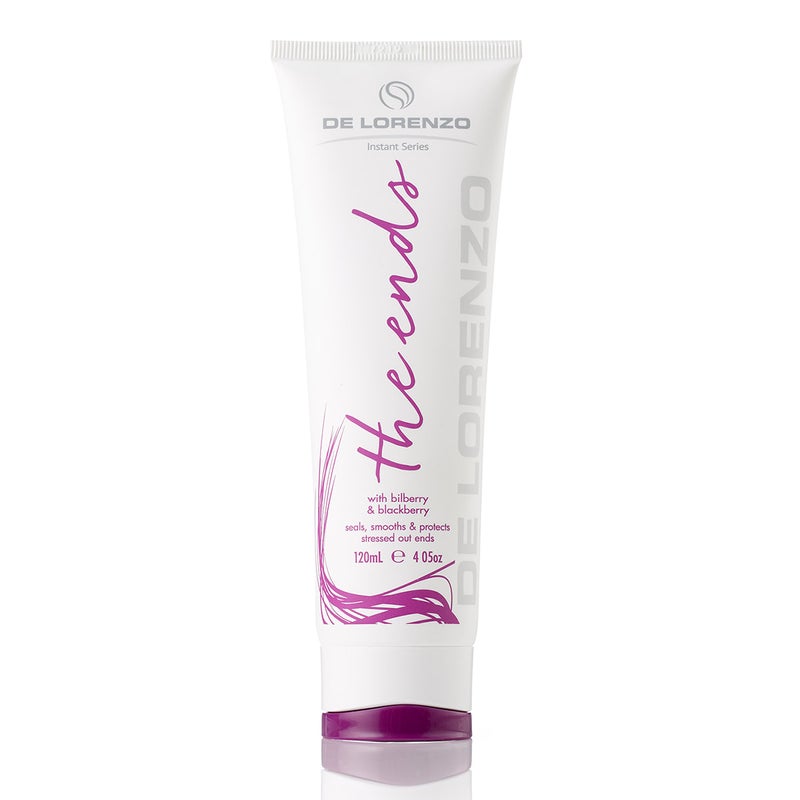 The ends Leave in Conditioner 120ml del Lorenzo instant series smooths unruly hair light purple pink lid purple pink white bottle 4.05oz tall skinny slim bottle white tube simple style clean white background