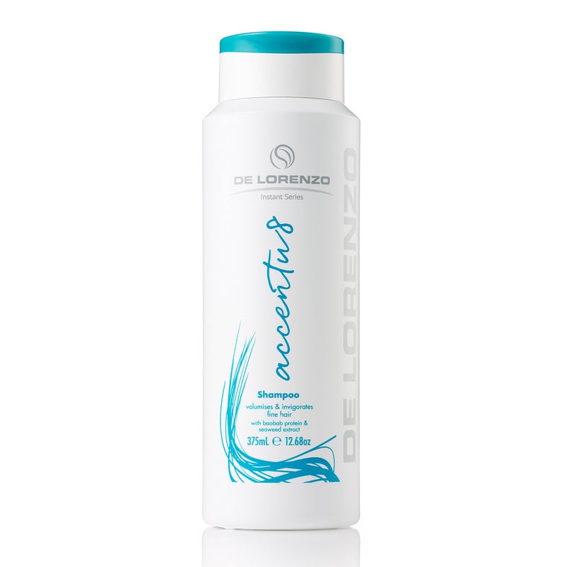 Accentu8 shampoo 375ml del Lorenzo instant series volume volumises fine hair green blue teal white bottle 12.68oz tall skinny slim bottle white tube simple style clean white background