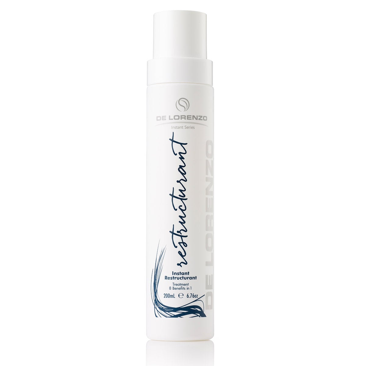 instant restructurant 200ml de Lorenzo instant series 6.76oz white bottle white lid spary bottle tall skinny with dark blue black grey silver text simple white design with a white back ground