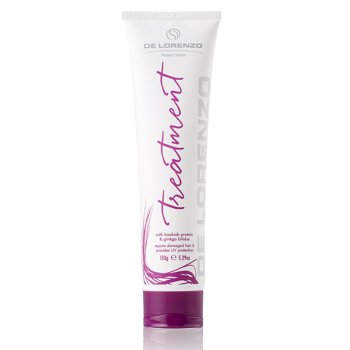 The Treatment Mask 150ml del Lorenzo instant series smooths unruly hair light purple pink lid purple pink white bottle 5.29oz tall skinny slim tube white tube simple style clean white background