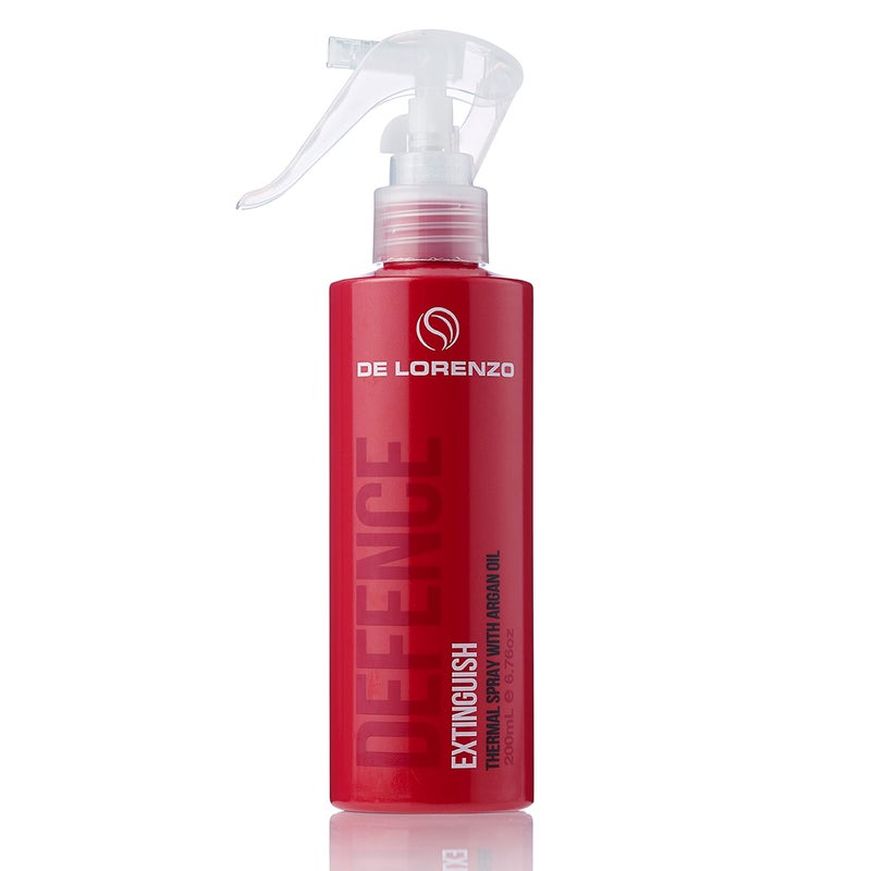 Defence extinguish thermal spray 200ml de Lorenzo 6.76oz red spray bottle with clear lid silver and white spray lid red and white text