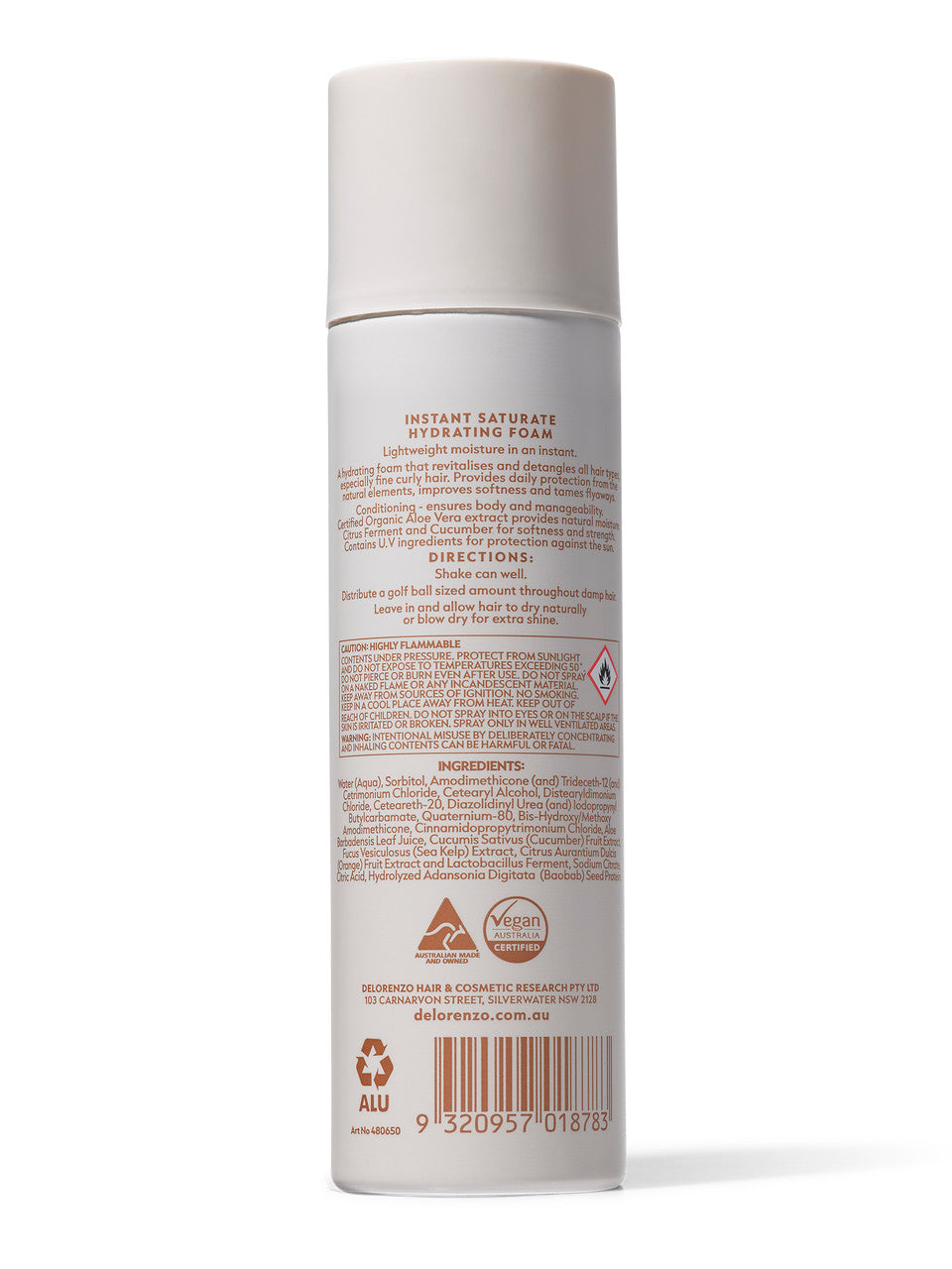De Lorenzo Instant Saturate Hydrating Foam 125g back of can