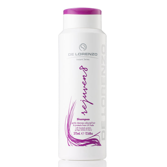 rejuven8 Shampoo 375m del Lorenzo instant series smooths blonde unruly hair light purple pink white lid purple pink white bottle 12.68oz tall skinny slim bottle white tube simple style clean white background 