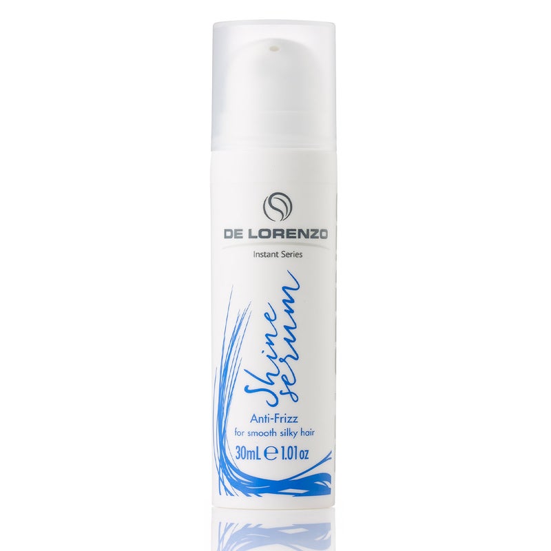 Allevi8 Shine Serum 30ml del Lorenzo instant series anti friss smooths dry unruly hair light blue green blue teal white bottle 1.01oz tall skinny slim bottle white tube simple style clean white background  blue and grey text